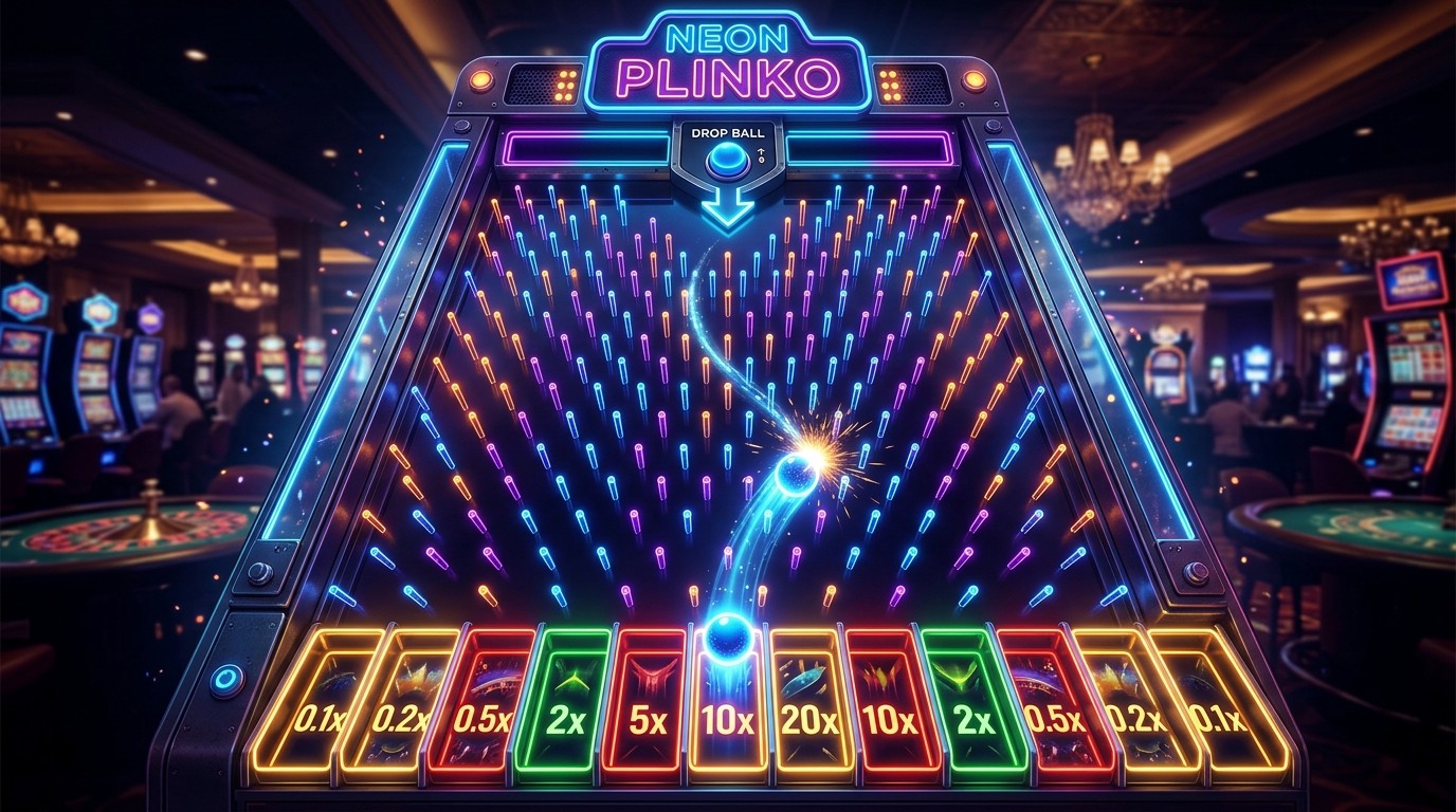 Plinko game board showing ball dropping through pegs with multiplier slots